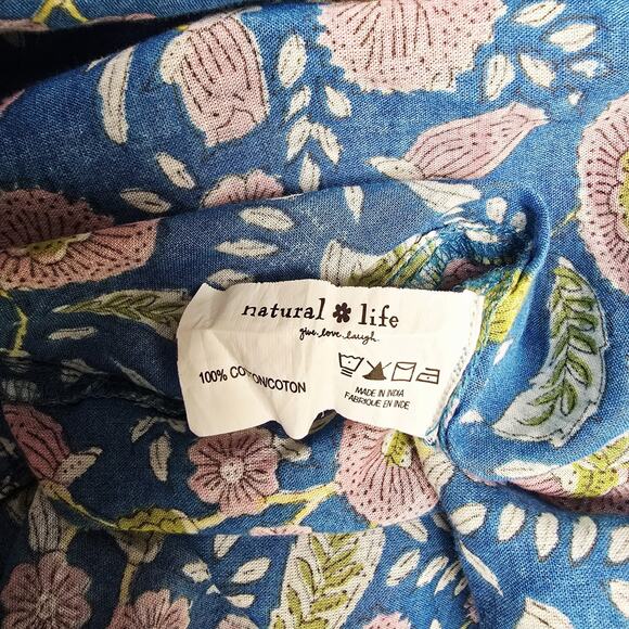 Natural Life Shirt Oversized One Size Blue Kelly Stamped India Floral Button Up - Picture 7 of 7